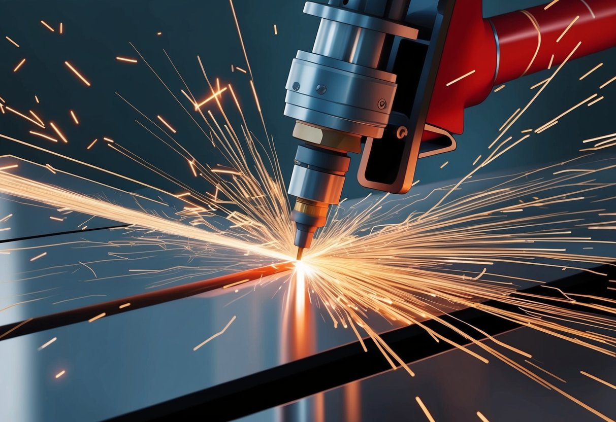 Funken fliegen, während ein Plasmaschneider mühelos ein dünnes Metallblech schneidet